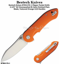 Bestech Knives BTKG17D-1 Flipper Pocket Knife 3.125" D2 Stonewashed & Satin Finished Plain Blade, Textured Orange G10 Handles Bestech Knives BTKG17D-1 Flipper Pocket Knife 3.125" D2 Stonewashed & Satin Finished Plain Blade, Textured Orange G10 Handles