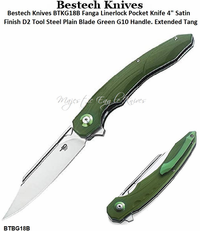 Bestech Knives BTKG18B-2 Fanga Linerlock Pocket Knife 4" Satin Finish D2 Tool Steel Plain Blade. Green G10 Handle. Extended Tang Bestech Knives BTKG18B-2 Fanga Linerlock Pocket Knife 4" Satin Finish D2 Tool Steel Plain Blade. Green G10 Handle. Extended Tang