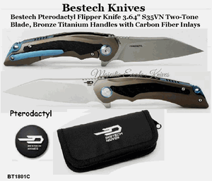 Bestech Knives BT1801C Bestech Pterodactyl Flipper Knife 3.64" S35VN Two-Tone Blade, Bronze Titanium Handles with Carbon Fiber Inlays