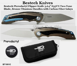 Bestech Knives BT1801C Bestech Pterodactyl Flipper Knife 3.64" S35VN Two-Tone Blade, Bronze Titanium Handles with Carbon Fiber Inlays
