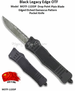 Black Legacy Edge MOTF-11DDP OTF Knife 4-1/4" Closed 2-3/4" Drop Point, Plain Edged Blade Etched Damascus Pattern Black Legacy Edge MOTF-11DDP OTF Knife 4-1/4" Closed 2-3/4" Drop Point, Plain Edged Blade Etched Damascus Pattern