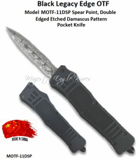 Black Legacy Edge OTF Knife MOTF-11DSP 4-1/4" Closed 2-3/4" Spear Point, Plain Double Edged Blade Etched Damascus Pattern Includes Black Nylon Sheath Black Legacy Edge OTF Knife MOTF-11DSP 4-1/4" Closed 2-3/4" Spear Point, Plain Double Edged Blade Etched Damascus Pattern Includes Black Nylon Sheath