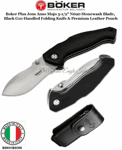 BOK01BO306 Boker Plus Jens Anso Mojo 3-1/2" N690 Stonewash Plain Blade, Black G10 Handled Folding Knife & Premium Leather Pouch