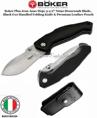 BOK01BO306 Boker Plus Jens Anso Mojo 3-1/2" N690 Stonewash Plain Blade, Black G10 Handled Folding Knife & Premium Leather Pouch BOK01BO306 Boker Plus Jens Anso Mojo 3-1/2" N690 Stonewash Plain Blade, Black G10 Handled Folding Knife & Premium Leather Pouch
