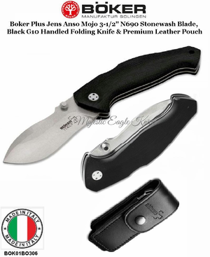 BOK01BO306 Boker Plus Jens Anso Mojo 3-1/2" N690 Stonewash Plain Blade, Black G10 Handled Folding Knife & Premium Leather Pouch BOK01BO306 Boker Plus Jens Anso Mojo 3-1/2" N690 Stonewash Plain Blade, Black G10 Handled Folding Knife & Premium Leather Pouch