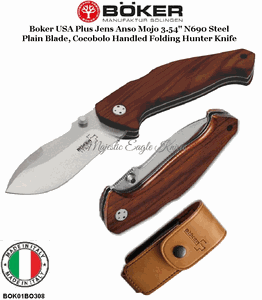 BOK01BO308 Boker Plus Jens Anso Mojo 3-1/2" N690 Stonewash Plain Blade, Cocobolo Wood Handled Folding Hunting Knife & Premium Leather Pouch