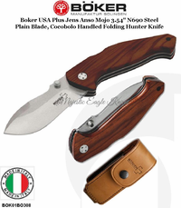 BOK01BO308 Boker Plus Jens Anso Mojo 3-1/2" N690 Stonewash Plain Blade, Cocobolo Wood Handled Folding Hunting Knife & Premium Leather Pouch BOK01BO308 Boker Plus Jens Anso Mojo 3-1/2" N690 Stonewash Plain Blade, Cocobolo Wood Handled Folding Hunting Knife & Premium Leather Pouch