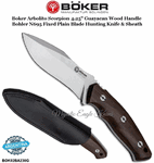 BOK02BA230G BOKER Arbolito Scorpion 4.25" Guayacan Ebony Wood Handle Bohler N695 Fixed Plain Blade Hunting Knife & Sheath