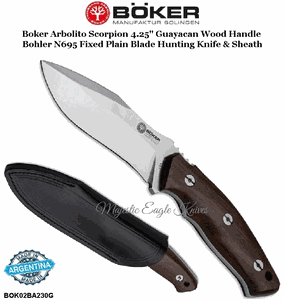BOK02BA230G BOKER Arbolito Scorpion 4.25" Guayacan Ebony Wood Handle Bohler N695 Fixed Plain Blade Hunting Knife & Sheath