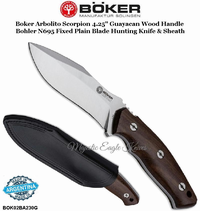 BOK02BA230G BOKER Arbolito Scorpion 4.25" Guayacan Ebony Wood Handle Bohler N695 Fixed Plain Blade Hunting Knife & Sheath BOK02BA230G BOKER Arbolito Scorpion 4.25" Guayacan Ebony Wood Handle Bohler N695 Fixed Plain Blade Hunting Knife & Sheath
