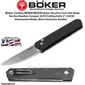Boker Cutlery BOK01BO254 Boker Plus/Pro-Tech USA-Made Burnley Kwaiken Compact AUTO Folding Knife 3" 154CM Stonewashed Blade, Black Aluminum Handles