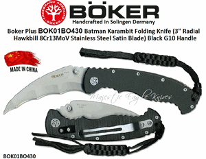 Boker Cutlery BOK01BO430 Boker Plus Batman Karambit Folding Knife (3" Radial Hawkbill 8Cr13MoV Stainless Steel Satin Blade) Black G10 Handle