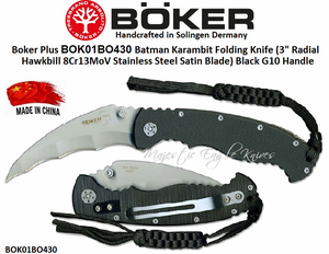Boker Cutlery BOK01BO430 Boker Plus Batman Karambit Folding Knife (3" Radial Hawkbill 8Cr13MoV Stainless Steel Satin Blade) Black G10 Handle