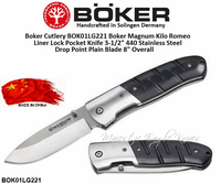 Boker Cutlery BOK01LG221 Boker Magnum Kilo Romeo Liner Lock Pocket Knife 3-1/2" 440 Stainless Steel Drop Point Plain Blade 8" Overall Boker Cutlery BOK01LG221 Boker Magnum Kilo Romeo Liner Lock Pocket Knife 3-1/2" 440 Stainless Steel Drop Point Plain Blade 8" Overall