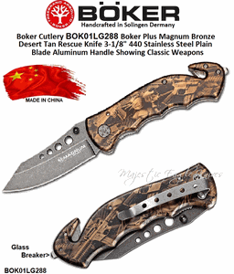 Boker Cutlery BOK01LG288 Boker Plus Magnum Bronze  Desert Tan Rescue Knife 3-1/8" 440 Stainless Steel Plain Blade Aluminum Handle Showing Classic Weapons