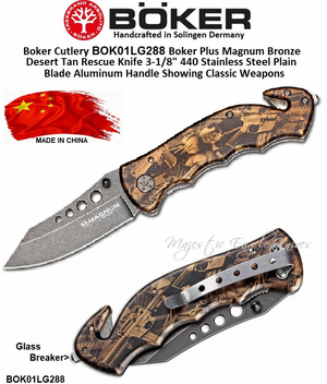 Boker Cutlery BOK01LG288 Boker Plus Magnum Bronze  Desert Tan Rescue Knife 3-1/8" 440 Stainless Steel Plain Blade Aluminum Handle Showing Classic Weapons