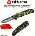 Boker Cutlery BOK01LG293 Boker Plus Magnum Hades Red Eyed Green Skull Rescue Knife 3-1/8" 440 Stainless Steel Plain Blade Red Eyed Green Skull Aluminum Handle