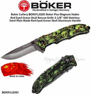 Boker Cutlery BOK01LG293 Boker Plus Magnum Hades Red Eyed Green Skull Rescue Knife 3-1/8" 440 Stainless Steel Plain Blade Red Eyed Green Skull Aluminum Handle