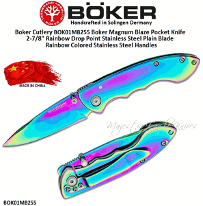 Boker Cutlery BOK01MB255 Boker Magnum Blaze Pocket Knife 2-7/8" Rainbow Drop Point Stainless Steel Plain Blade Rainbow Colored Stainless Steel Handled Pocket Knife