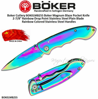 Boker Cutlery BOK01MB255 Boker Magnum Blaze Pocket Knife 2-7/8" Rainbow Drop Point Stainless Steel Plain Blade Rainbow Colored Stainless Steel Handled Pocket Knife Boker Cutlery BOK01MB255 Boker Magnum Blaze Pocket Knife 2-7/8" Rainbow Drop Point Stainless Steel Plain Blade Rainbow Colored Stainless Steel Handled Pocket Knife