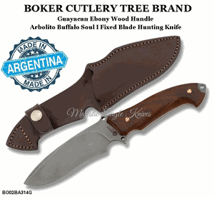 Boker Cutlery BOK02BA314G Boker Arbolito Buffalo Soul I 4-3/4" Guayacan Ebony Wood Handle Bohler N695 Fixed Plain Blade Hunting Knife & Sheath