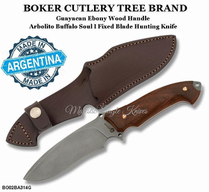 Boker Cutlery BOK02BA314G Boker Arbolito Buffalo Soul I 4-3/4" Guayacan Ebony Wood Handle Bohler N695 Fixed Plain Blade Hunting Knife & Sheath