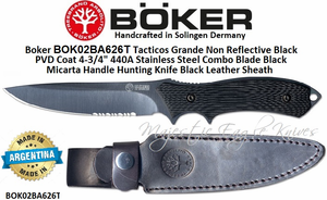 Boker Cutlery BOK02BA626T Tacticos Grande Non Reflective Black PVD Coat 4-3/4" 440A Stainless Steel Combo Blade Black Micarta Handle Hunting Knife Black Leather Sheath Boker Cutlery BOK02BA626T Tacticos Grande Non Reflective Black PVD Coat 4-3/4" 440A Stainless Steel Combo Blade Black Micarta Handle Hunting Knife Black Leather Sheath