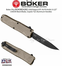 Boker Cutlery BOK06EX262 Boker Plus USA/Hogue OTF AUTO Knife 3-1/2" 154CM Black Blade, Coyote Tan Aluminum Handles Boker Cutlery BOK06EX262 Boker Plus USA/Hogue OTF AUTO Knife 3-1/2" 154CM Black Blade, Coyote Tan Aluminum Handles
