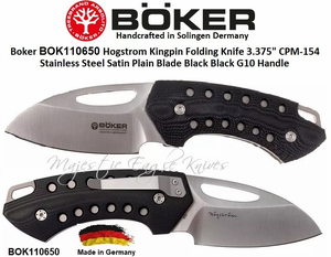 Boker Cutlery BOK110650 Hogstrom Kingpin Folding Knife 3.375" CPM-154 Stainless Steel Satin Plain Blade Black Black G10 Handle