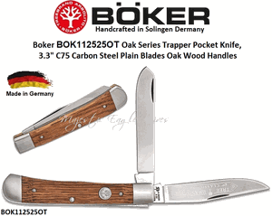 Boker Cutlery BOK112525OT Boker Oak Series Trapper Pocket Knife, 3.3" C75 Carbon Steel Plain Blades Oak Wood Handles