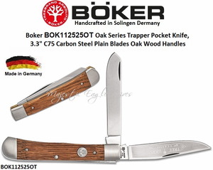 Boker Cutlery BOK112525OT Boker Oak Series Trapper Pocket Knife, 3.3" C75 Carbon Steel Plain Blades Oak Wood Handles