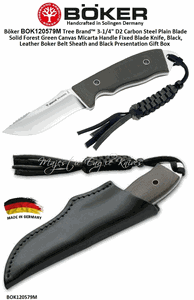 Boker Cutlery BOK120579M Tree Brand� 3-1/4" D2 Carbon Steel Plain Blade Solid Forest Green Canvas Micarta Handle Fixed Blade Knife, Black, Leather Boker Belt Sheath and Black Presentation Gift Box