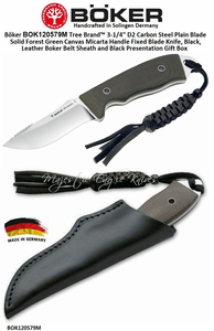 Boker Cutlery BOK120579M Tree Brand™ 3-1/4" D2 Carbon Steel Plain Blade Solid Forest Green Canvas Micarta Handle Fixed Blade Knife, Black, Leather Boker Belt Sheath and Black Presentation Gift Box Boker Cutlery BOK120579M Tree Brand™ 3-1/4" D2 Carbon Steel Plain Blade Solid Forest Green Canvas Micarta Handle Fixed Blade Knife, Black, Leather Boker Belt Sheath and Black Presentation Gift Box