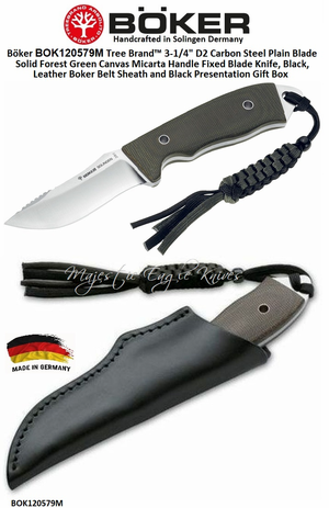Boker Cutlery BOK120579M Tree Brand™ 3-1/4" D2 Carbon Steel Plain Blade Solid Forest Green Canvas Micarta Handle Fixed Blade Knife, Black, Leather Boker Belt Sheath and Black Presentation Gift Box Boker Cutlery BOK120579M Tree Brand™ 3-1/4" D2 Carbon Steel Plain Blade Solid Forest Green Canvas Micarta Handle Fixed Blade Knife, Black, Leather Boker Belt Sheath and Black Presentation Gift Box