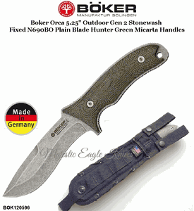Boker Cutlery BOK120596 Boker Orca 5.25" Outdoor Gen 2 Stonewash Fixed N690BO Plain Blade Hunting Knife Green Micarta Handles