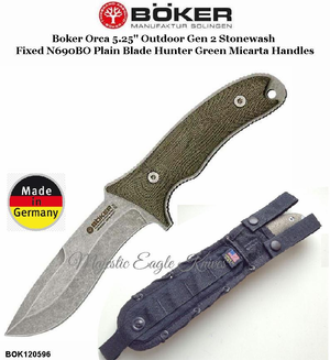 Boker Cutlery BOK120596 Boker Orca 5.25" Outdoor Gen 2 Stonewash Fixed N690BO Plain Blade Hunting Knife Green Micarta Handles