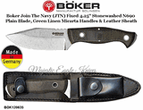 Boker Cutlery BOK120635 Boker Join The Navy (JTN) Fixed 4.25" Stonewashed N690 Plain Blade, Green Linen Micarta Handles & Leather Sheath