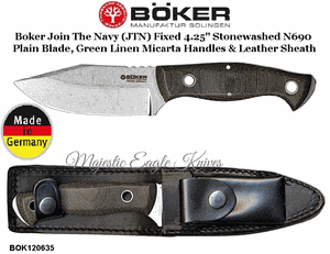 Boker Cutlery BOK120635 Boker Join The Navy (JTN) Fixed 4.25" Stonewashed N690 Plain Blade, Green Linen Micarta Handles & Leather Sheath