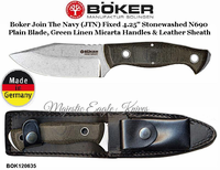 Boker Cutlery BOK120635 Boker Join The Navy (JTN) Fixed 4.25" Stonewashed N690 Plain Blade, Green Linen Micarta Handles & Leather Sheath Boker Cutlery BOK120635 Boker Join The Navy (JTN) Fixed 4.25" Stonewashed N690 Plain Blade, Green Linen Micarta Handles & Leather Sheath