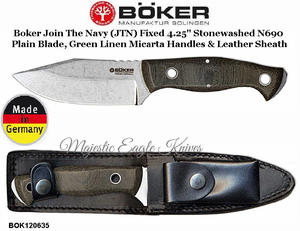 Boker Cutlery BOK120635 Boker Join The Navy (JTN) Fixed 4.25" Stonewashed N690 Plain Blade, Green Linen Micarta Handles & Leather Sheath Boker Cutlery BOK120635 Boker Join The Navy (JTN) Fixed 4.25" Stonewashed N690 Plain Blade, Green Linen Micarta Handles & Leather Sheath