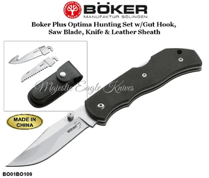 Boker Knives BO01BO109 Boker Plus Optima Hunting Set with Gut Hook, Saw Blade, Knife & Leather Sheath