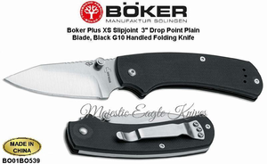 Boker Knives BO01BO539 Boker Plus XS Slipjoint 3" Drop Point Plain Blade, Black G10 Handled Folding Knife Boker Knives BO01BO539 Boker Plus XS Slipjoint 3" Drop Point Plain Blade, Black G10 Handled Folding Knife