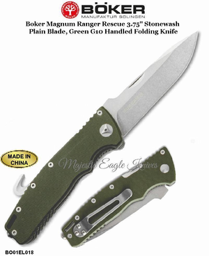 Boker Knives BO01EL018 Boker Knives BO01EL018 Boker Magnum Ranger Rescue 3.75" Ston8 Boker Magnum Ranger Rescue 3.75" Stonewash Plain Blade, Green G10 Handled Folding Knife