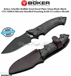 Boker Knives BO02BA3154 Boker Arbolito Buffalo Soul Fixed Plain Blade Black CNC-Milled Mircata Handled Hunting Knife & Leather Sheath