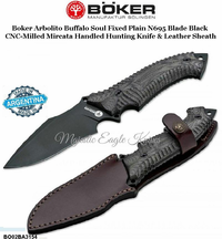 Boker Knives BO02BA3154 Boker Arbolito Buffalo Soul Fixed Plain Blade Black CNC-Milled Mircata Handled Hunting Knife & Leather Sheath Boker Knives BO02BA3154 Boker Arbolito Buffalo Soul Fixed Plain Blade Black CNC-Milled Mircata Handled Hunting Knife & Leather Sheath