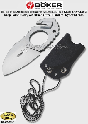 Boker Knives BO02BO257 Boker Plus Andreas Hoffmann Ammonit Neck Knife 1.65" 440C Drop Point Blade, w/Guthook Steel Handles, Kydex Sheath Boker Knives BO02BO257 Boker Plus Andreas Hoffmann Ammonit Neck Knife 1.65" 440C Drop Point Blade, w/Guthook Steel Handles, Kydex Sheath