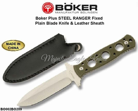 Boker Knives BO02BO289 Boker Plus STEEL RANGER Fixed Plain Blade Knife & Leather Sheath