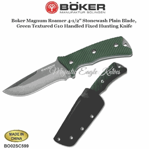 Boker Knives BO02SC599 Boker Magnum Roamer 4-1/2" Stonewash Plain Blade, Green Textured G10 Handled Fixed Hunting Knife