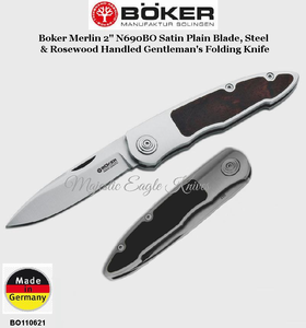 Boker Knives BO110621 Boker Merlin 2" N690BO Satin Plain Blade, Steel/Rosewood Handled Gentleman's Folding Knife