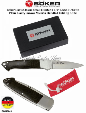 Boker Knives BO110643 Boker Davis Classic Small Hunter 2-1/2" N690BO Satin Plain Blade, Canvas Micarta Handled Folding Knife Boker Knives BO110643 Boker Davis Classic Small Hunter 2-1/2" N690BO Satin Plain Blade, Canvas Micarta Handled Folding Knife